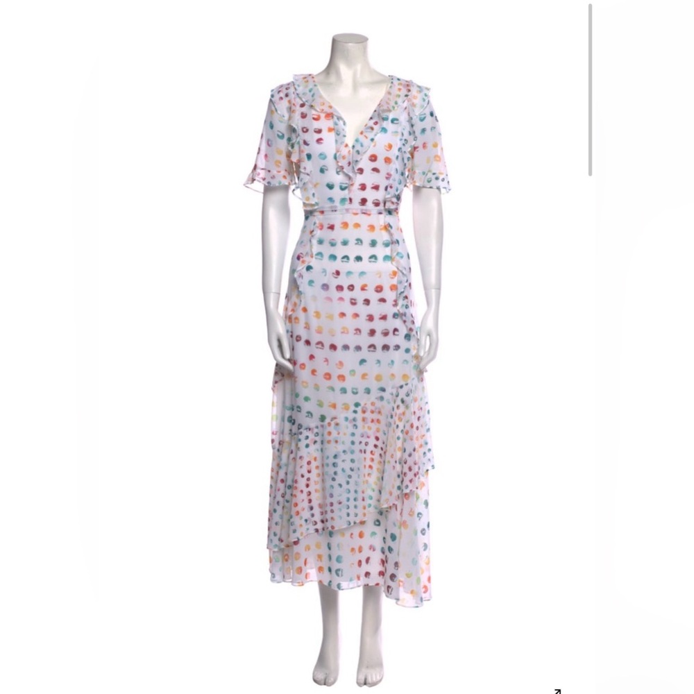 🌈🌈  Monique Lhullier Multicoloe Polka Dot Ruffle Wrap Maxi Dress || size 8 🌈🌈